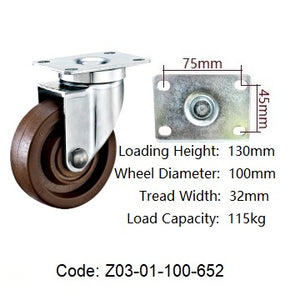 Ø100mm (4") High Temperature 280°C / Glass Reinforced Nylon Wheel Castors | 115KG capacity per castor
