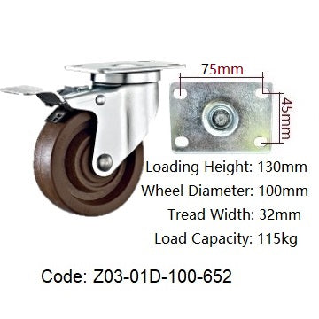 Ø100mm (4") High Temperature 280°C / Glass Reinforced Nylon Wheel Castors | 115KG capacity per castor