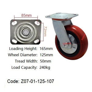 Ø125mm (5") Polyurethane (PU) Wheel Castors | 240KG capacity per castor