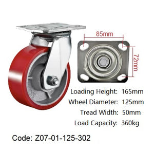 Ø125mm (5") Red Urethane on Cast Iron Wheel Castors  | 360KG capacity per castor