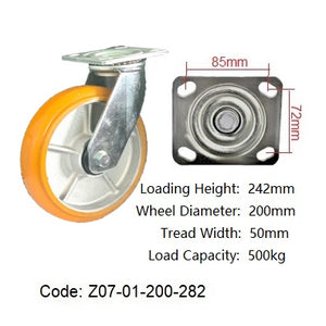 Ø200mm (8") Orange Urethane on Cast Iron Wheel Castors | 500KG capacity per castor