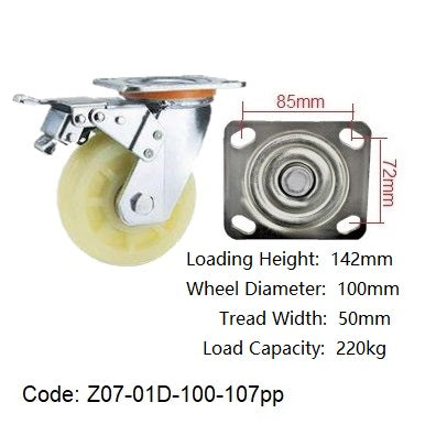 Ø100mm (4") Polypropylene (PP) Wheel Castors | 220KG capacity per castor