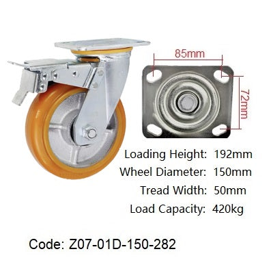 Ø150mm (6") Orange Urethane on Cast Iron Wheel Castors | 420KG capacity per castor