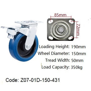 Ø150mm (6") Elastic Blue Rubber Wheel Castors | 350KG capacity per castor