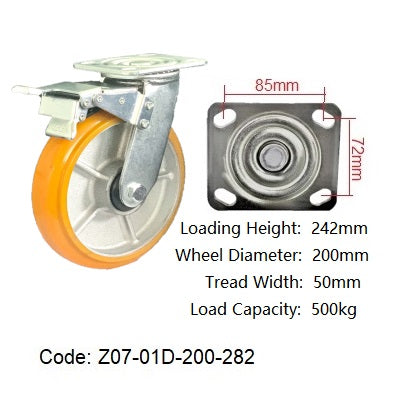 Ø200mm (8") Orange Urethane on Cast Iron Wheel Castors | 500KG capacity per castor