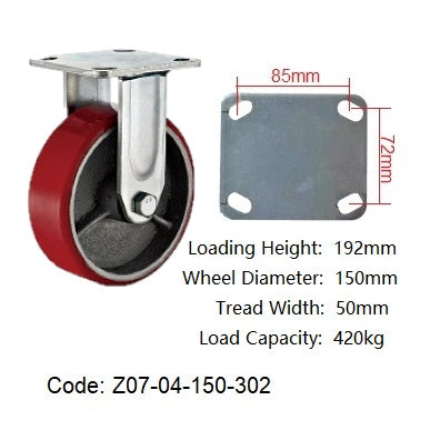 Ø150mm (6") Red Urethane on Cast Iron Wheel Castors | 420KG capacity per castor
